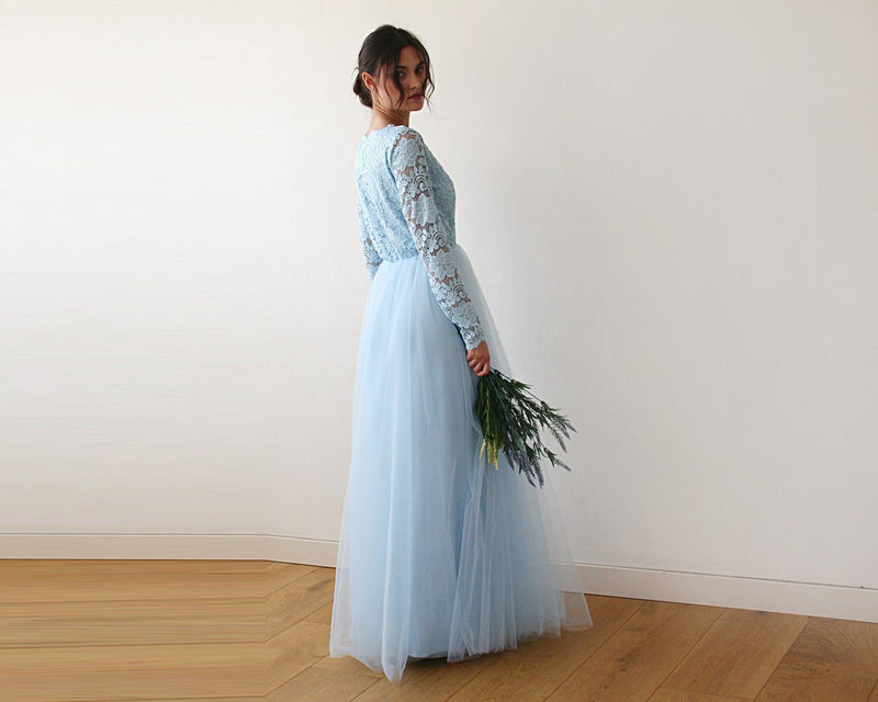 Light Blue Tulle and Lace Long Sleeve Wedding Maxi Dress 1125 - YuppyCollections