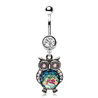 316L Stainless Steel Jeweled Rainbow Owl Dangle Navel Ring - YuppyCollections