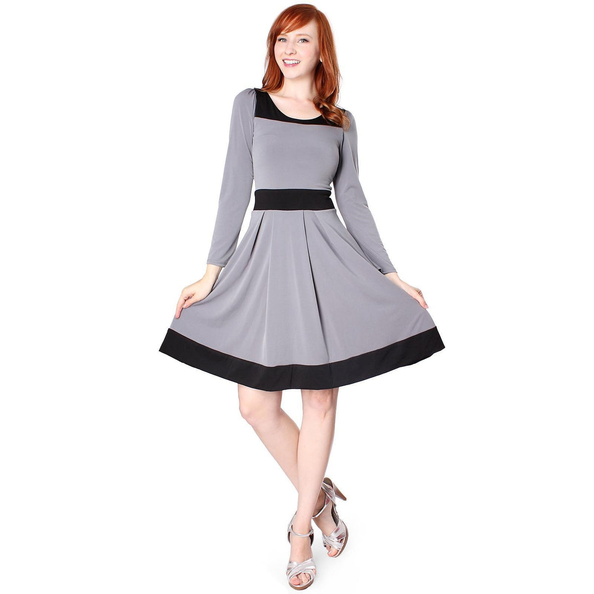 Evanese Women's Casual Two Tone Long Sleeve Knee Length A Line Day Dress - YuppyCollections