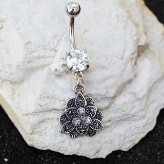 316L Stainless Steel Jeweled Vintage Lotus Dangle Navel Ring - YuppyCollections