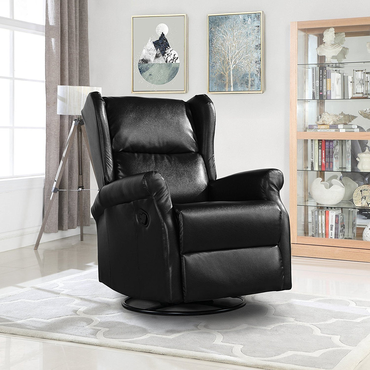 Reclining Swivel Accent Chair for Living Room, Faux Leather Arm Chair (Black)Reclining Swivel Accent Chair for Living Room, Faux Leather Arm Chair (Black) - YuppyCollections