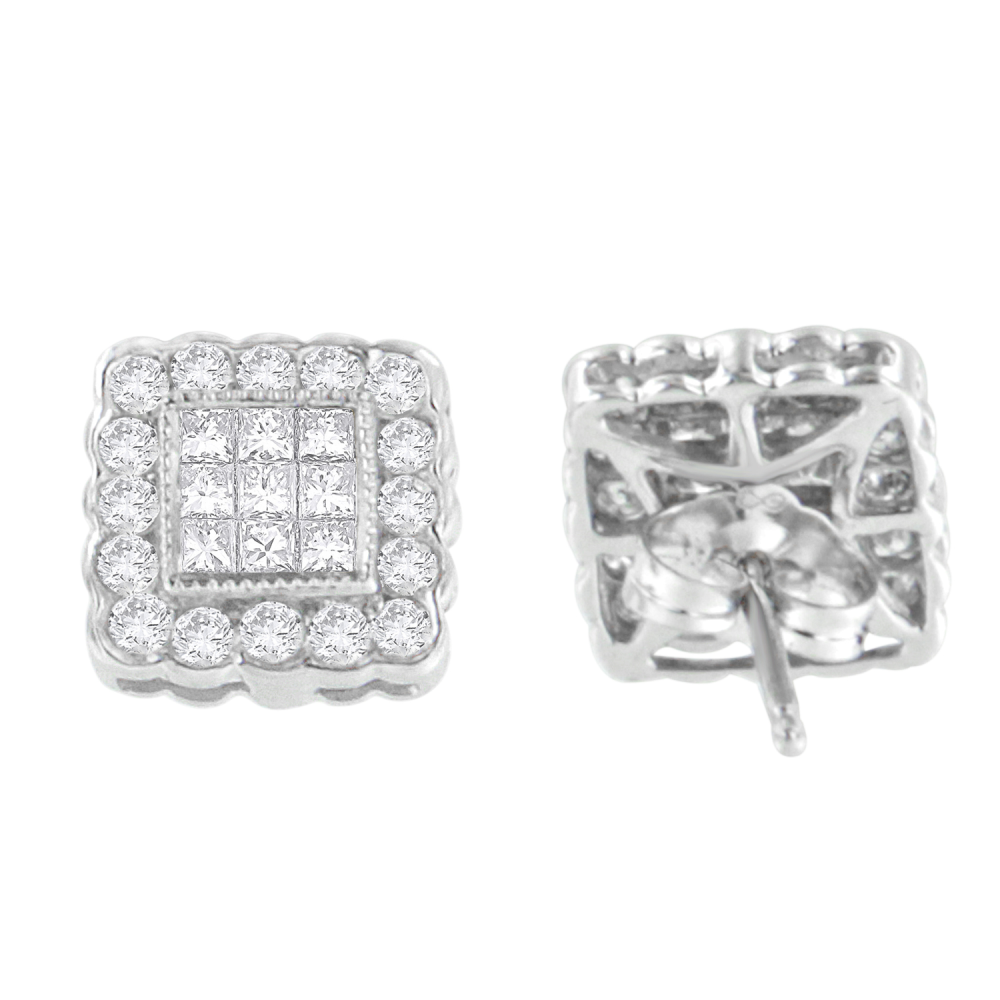 14K White Gold 1ct. TDW Round-cut and Princess-cut Diamond Stud Earring (G-H,SI1-SI2) - YuppyCollections