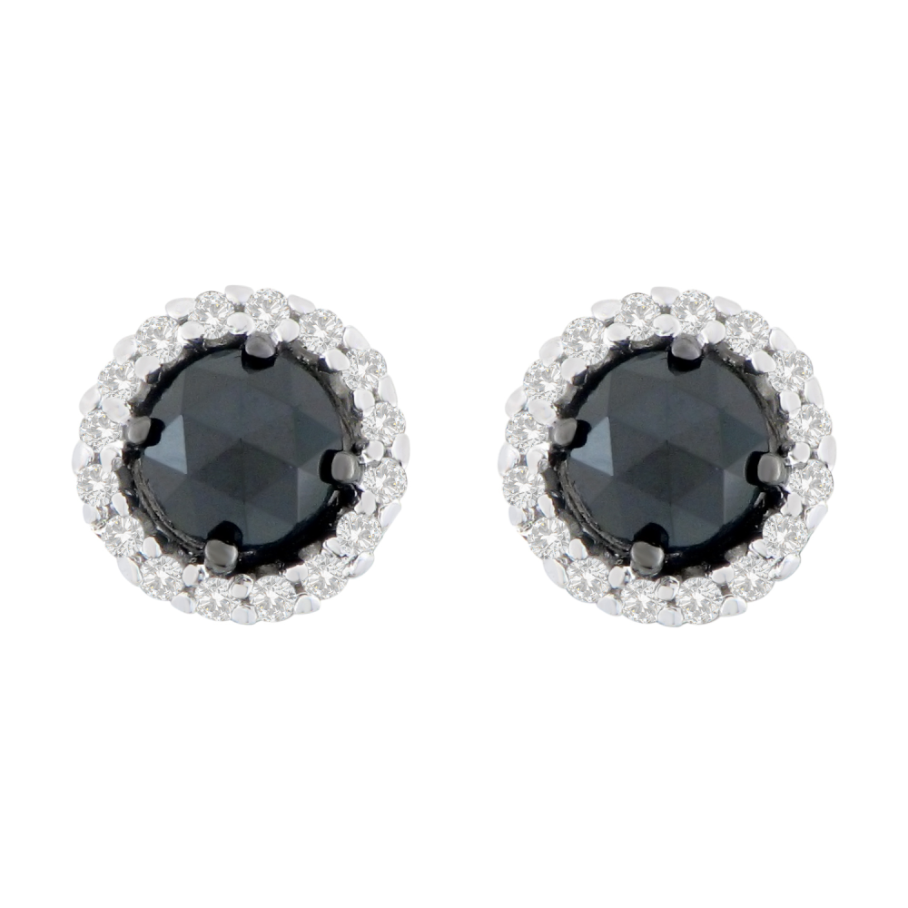 14K White Gold 3/4 CTTW Round and Rose-Cut Treated Black Diamond Stud Earrings (H-I, I2-I3) - YuppyCollections