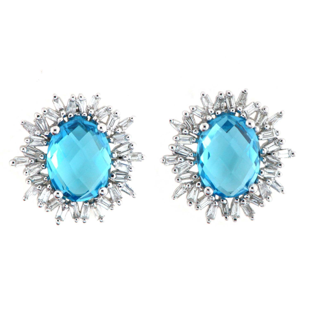 18k White Gold 0.54ct TDW Baguette Cut Diamond and 4.54ct TGW Blue Topaz Gemstone Stud Earrings (G-H,I1-I2) - YuppyCollections