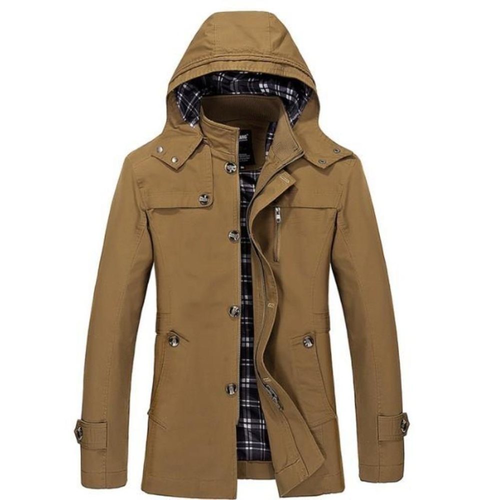 Mens Hooded Mid Length Winter Trench Coat in Beige - YuppyCollections