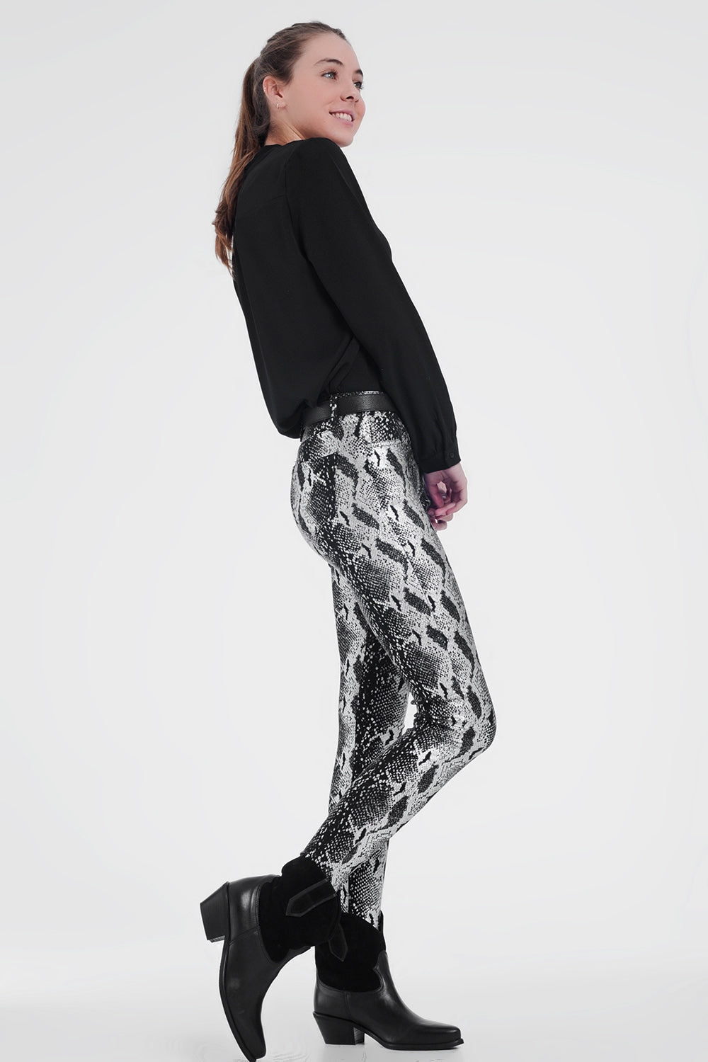 Black Skinny Shiny Printed Pants - YuppyCollections