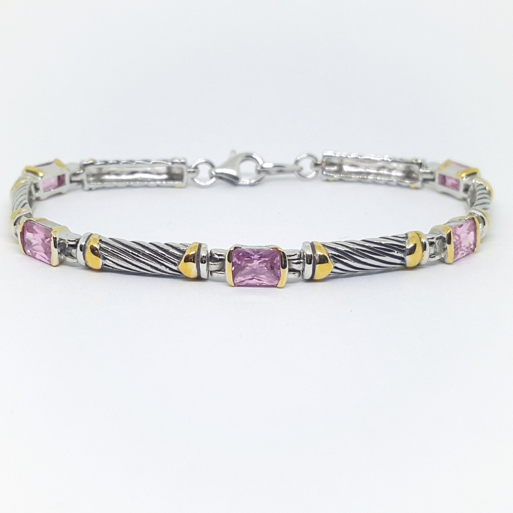 2-0303-h2 Sterling Silver Two Tone Pink CZ Bracelet, 7-3/4". - YuppyCollections