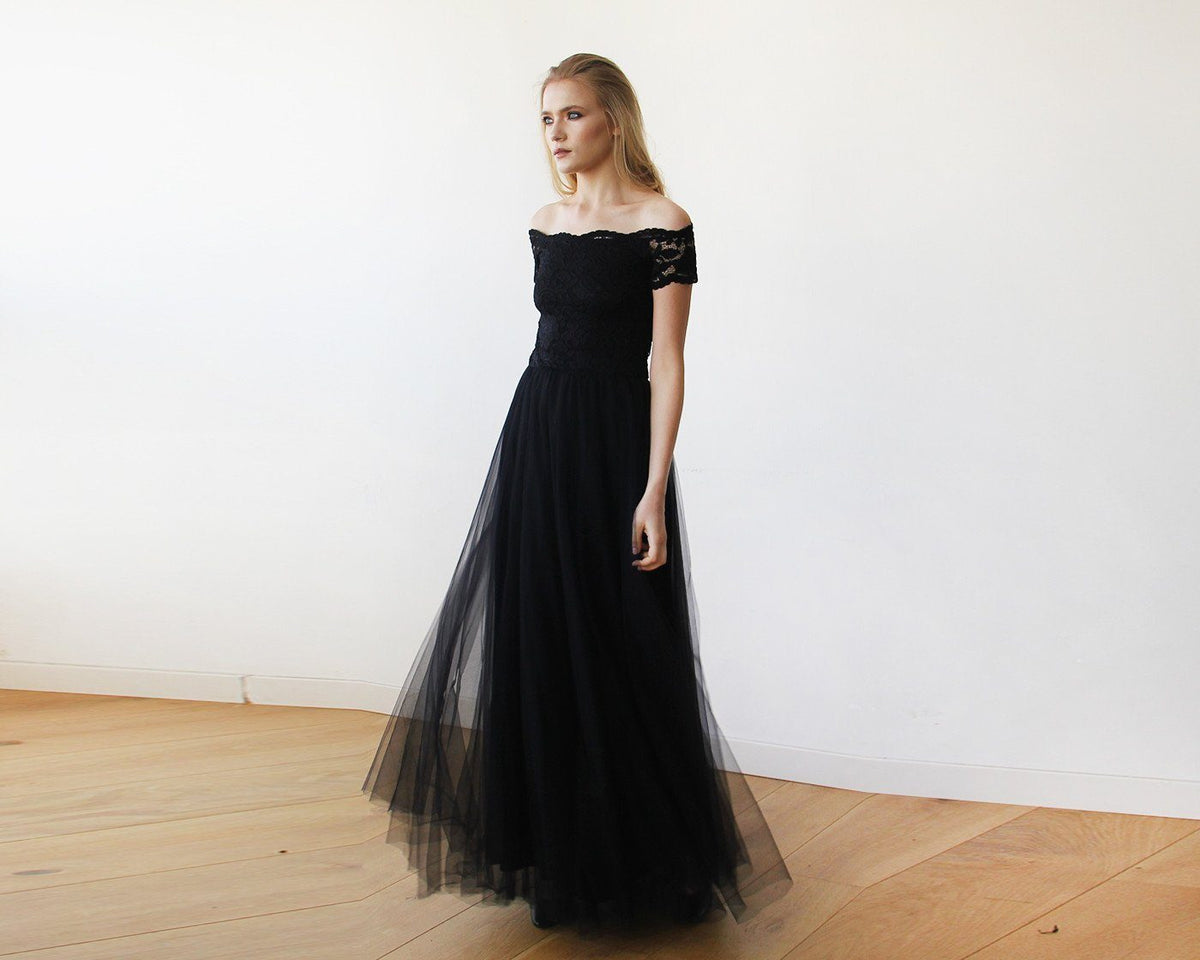 Black Lace Off-the-Shoulder Short Sleeve Tulle Maxi Dress 1139 - YuppyCollections