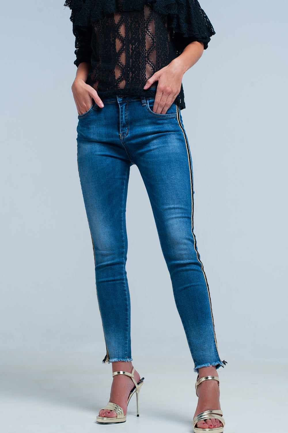 Blue denim pants with gold and black sideband - YuppyCollections