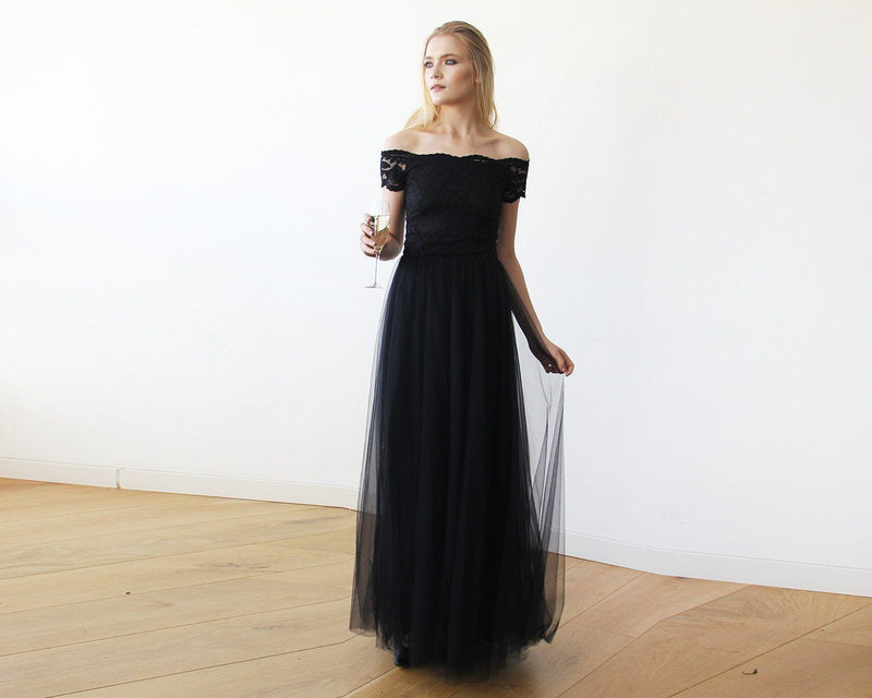 Black Lace Off-the-Shoulder Short Sleeve Tulle Maxi Dress 1139 - YuppyCollections