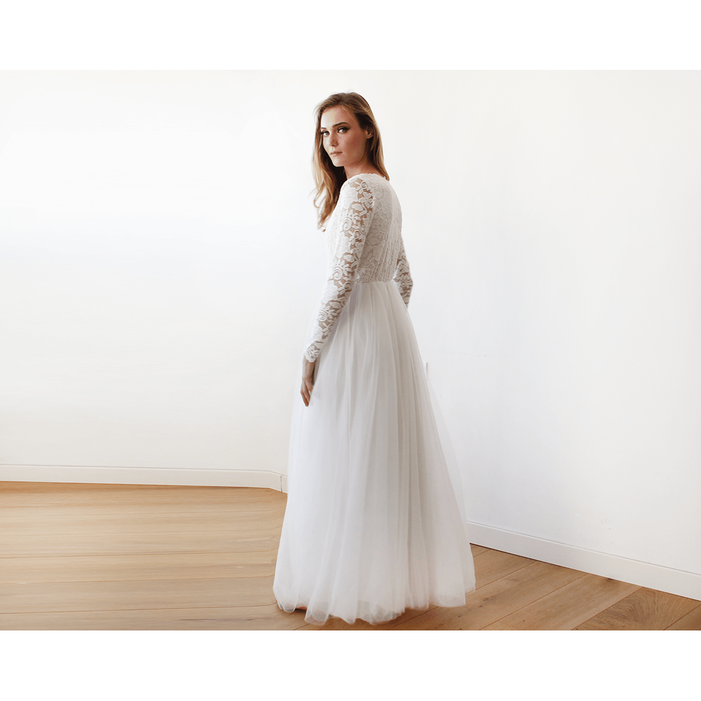 Ivory Tulle and Lace Long Sleeve Wedding Maxi Dress 1125 - YuppyCollections