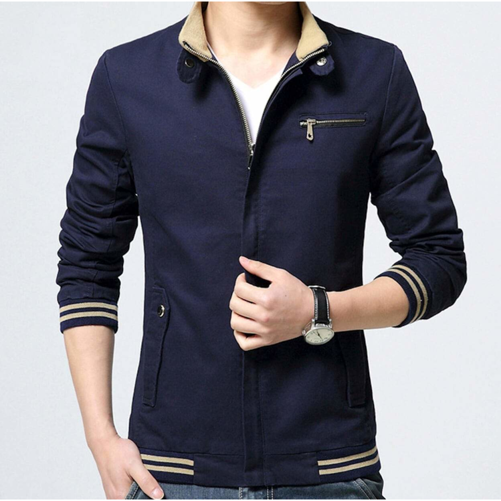 Mens Stand Collar Zipper Jacket in Beige - YuppyCollections