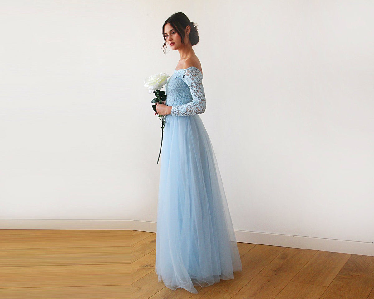 Light Blue  Off-The-Shoulder Lace and Tulle Maxi Dress 1134 - YuppyCollections