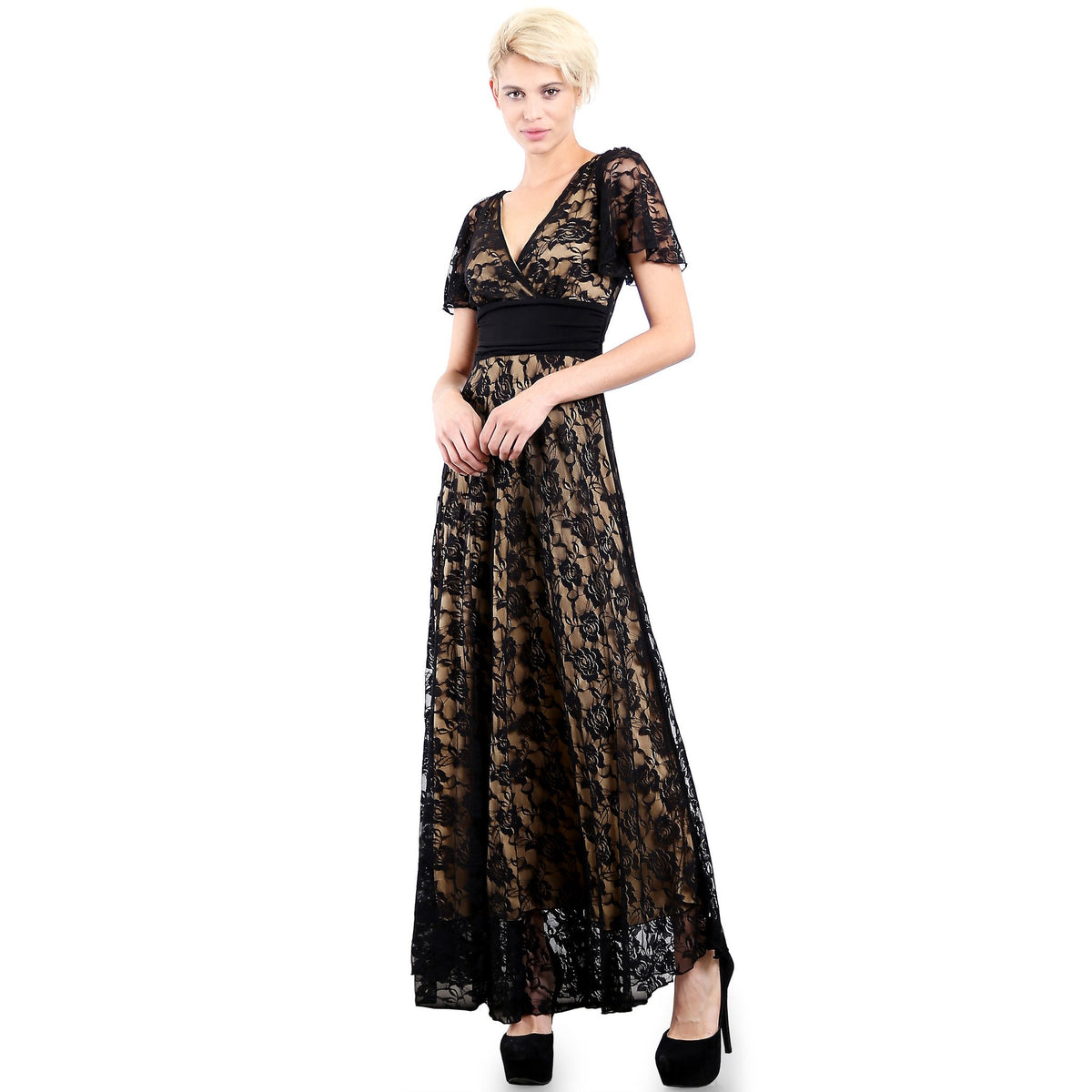 Evanese Women's Lace Evening Party Formal Long Dress Gown with Short Sleeves - YuppyCollections