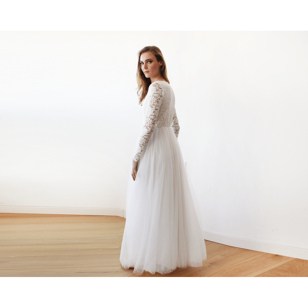 Ivory Tulle and Lace Long Sleeve Wedding Maxi Dress 1125 - YuppyCollections