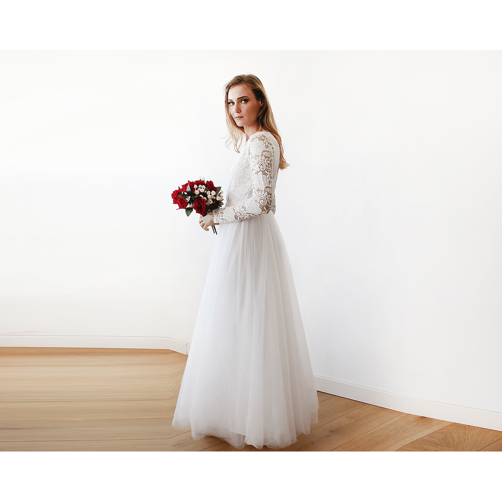 Ivory Tulle and Lace Long Sleeve Wedding Maxi Dress 1125 - YuppyCollections