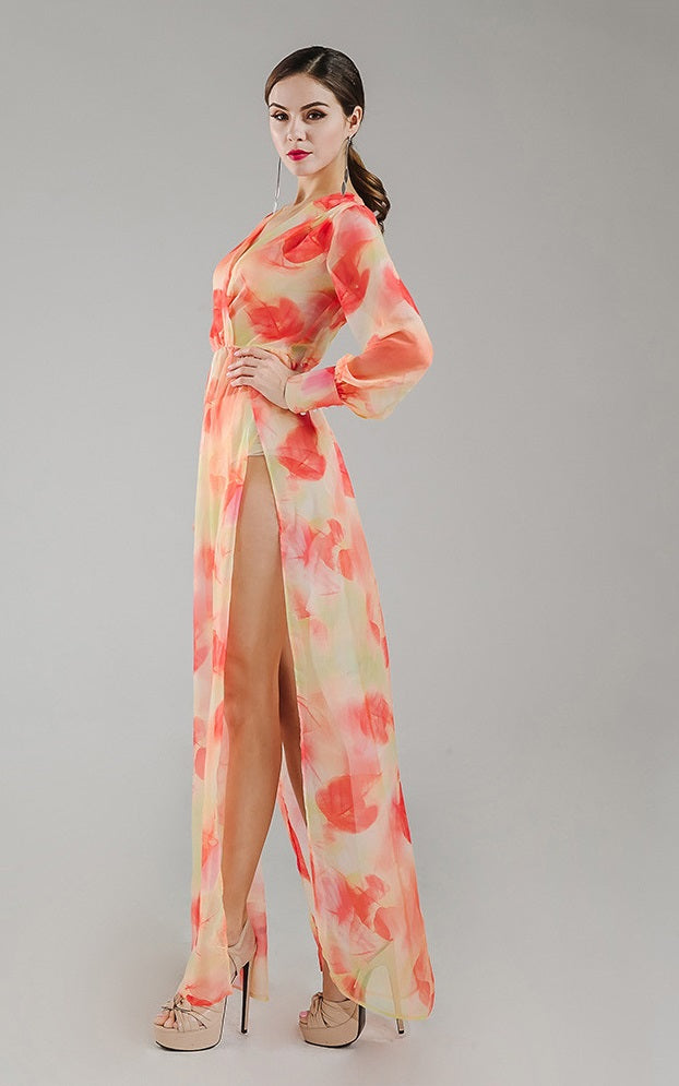 Orange Chiffon Floral Maxi Dress - YuppyCollections