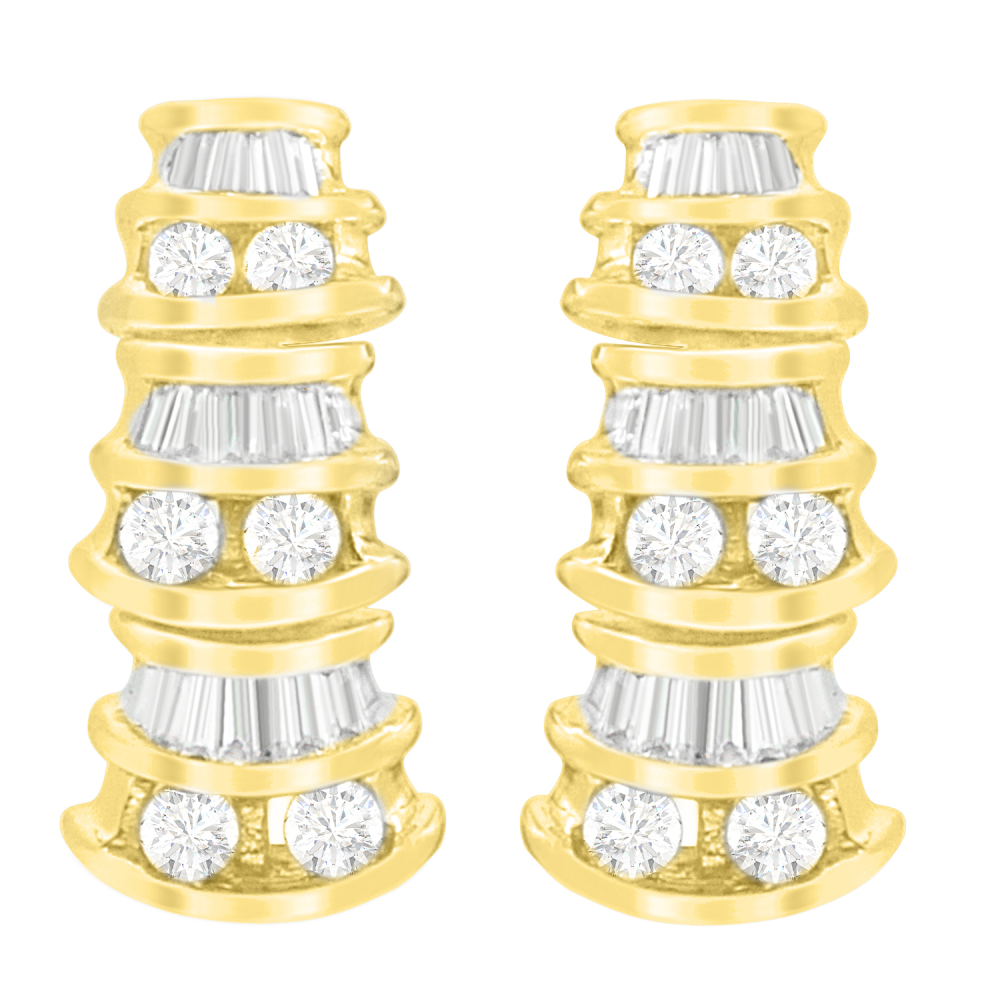 14K Yellow Gold 1ct. TDW Round and Baguette-cut Diamond Earrings (H-I,SI2-I1) - YuppyCollections