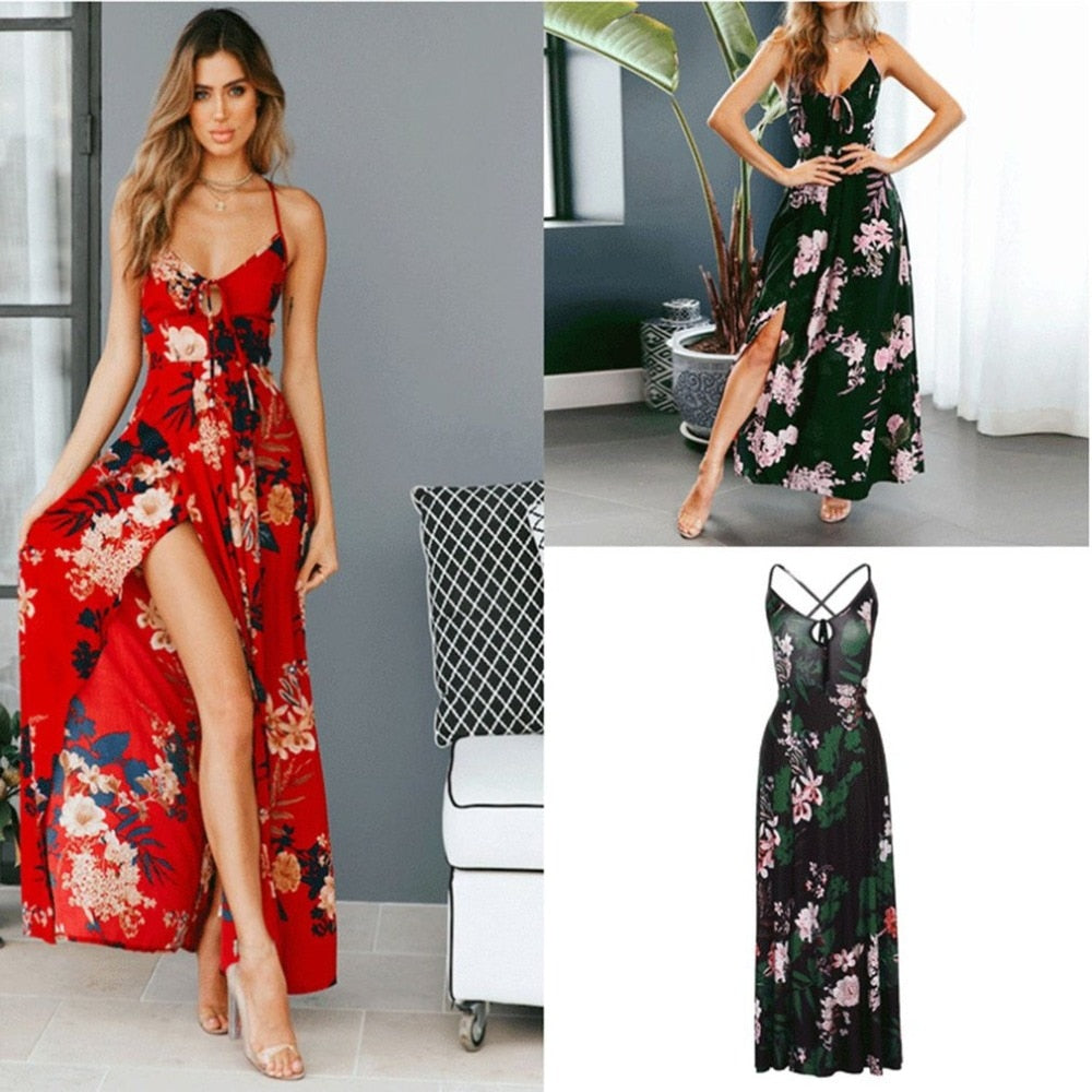 Red Floral Print backless summer dress Women deep V neck bohemian maxi dress Spaghetti irregular long dress - YuppyCollections