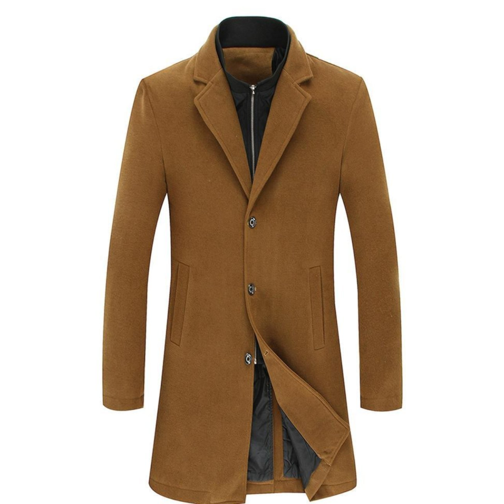 Mens Wool Blend Dual Collar Classic Mid Length Coat - YuppyCollections