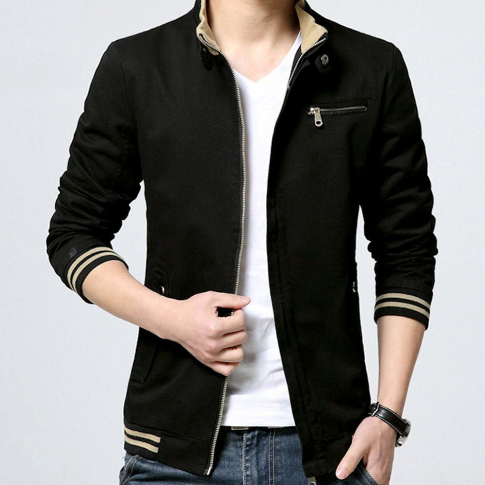 Mens Stand Collar Zipper Jacket in Beige - YuppyCollections