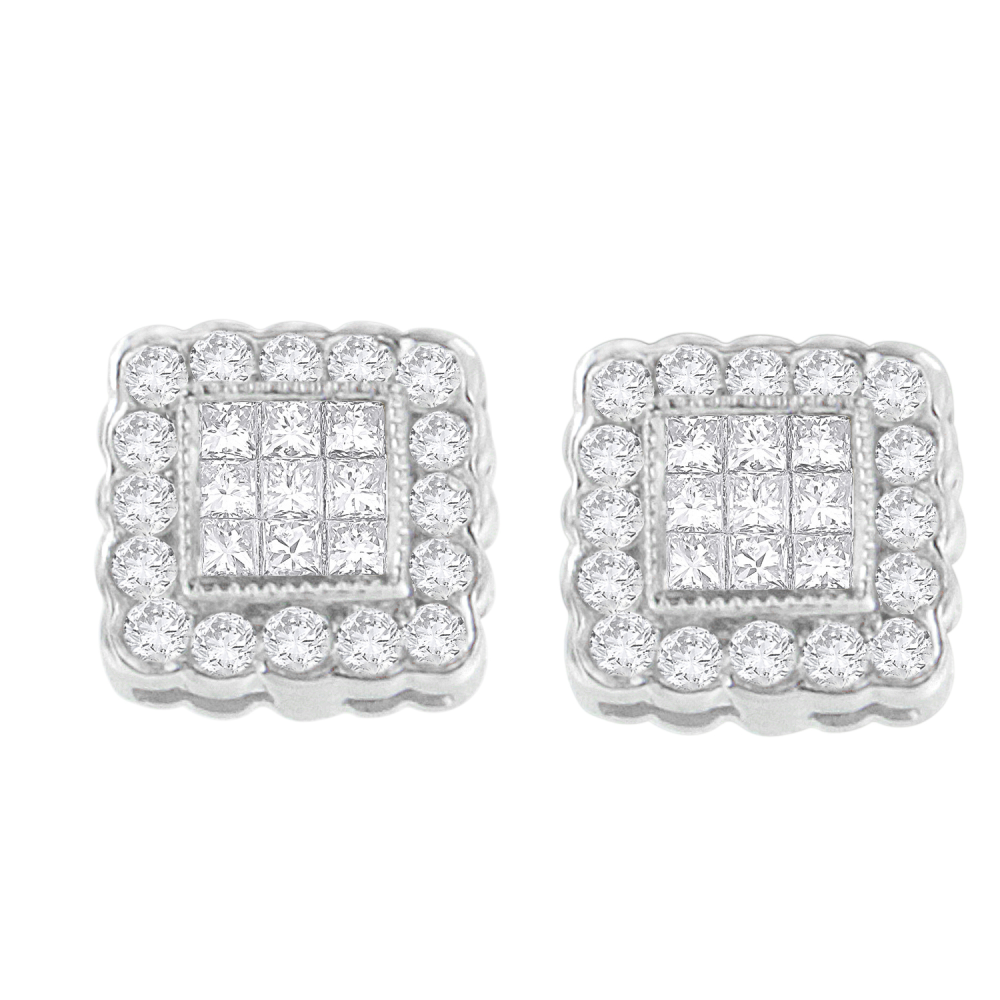 14K White Gold 1ct. TDW Round-cut and Princess-cut Diamond Stud Earring (G-H,SI1-SI2) - YuppyCollections