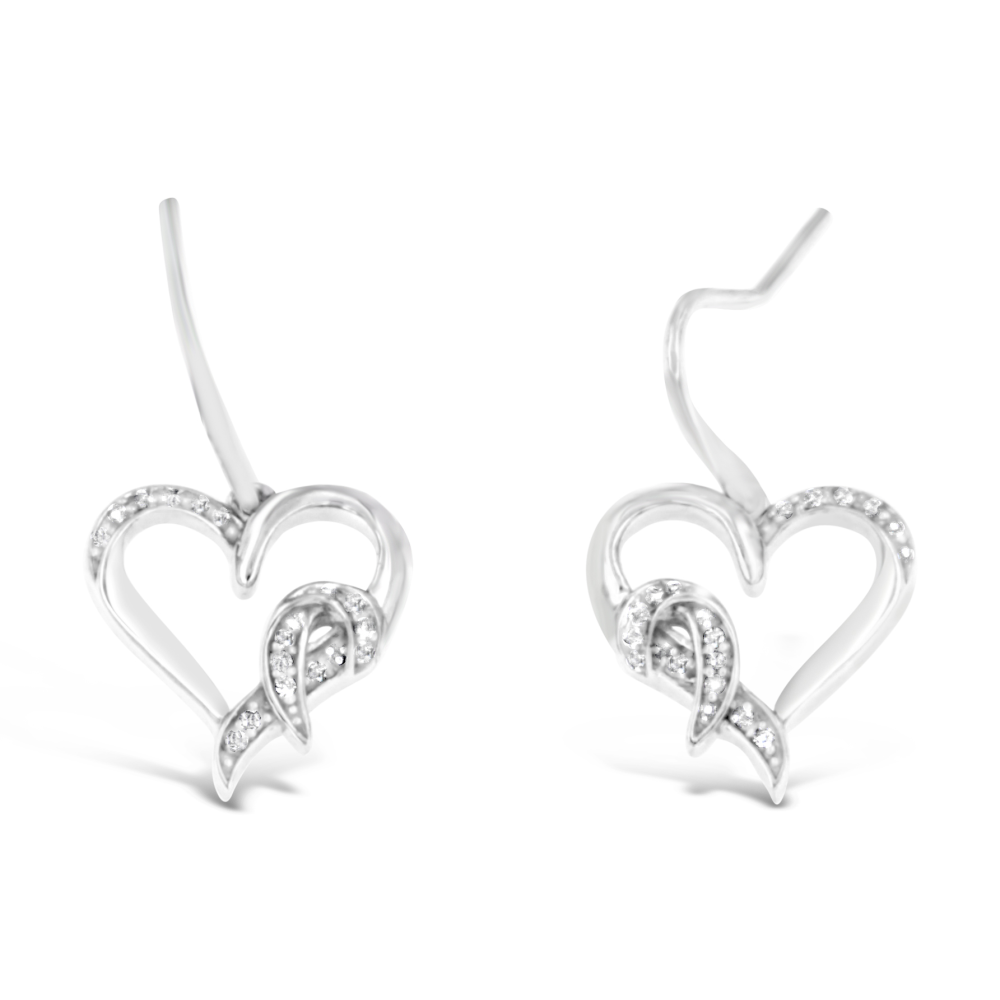 Sterling Silver .09ct TDW Round Cut Diamond Heart Dangle Earrings (H-I,I1-I2) - YuppyCollections