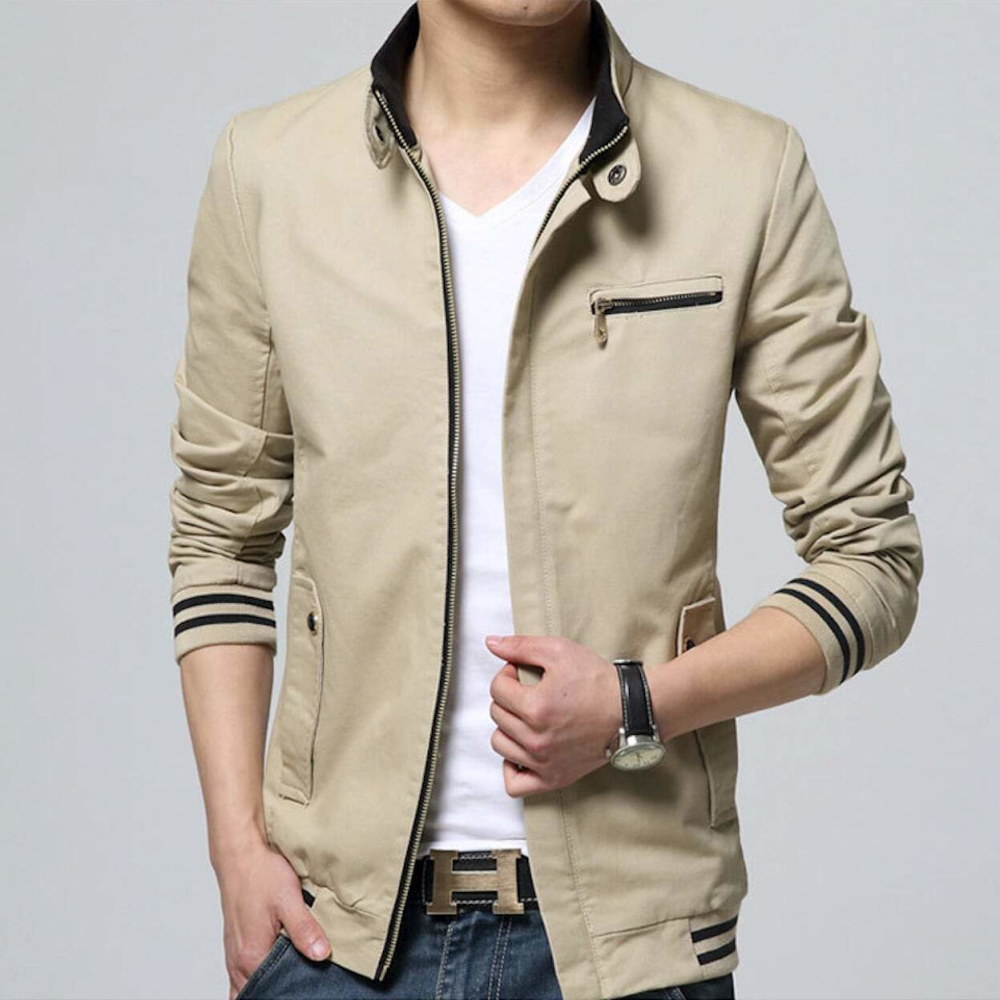 Mens Stand Collar Zipper Jacket in Beige - YuppyCollections