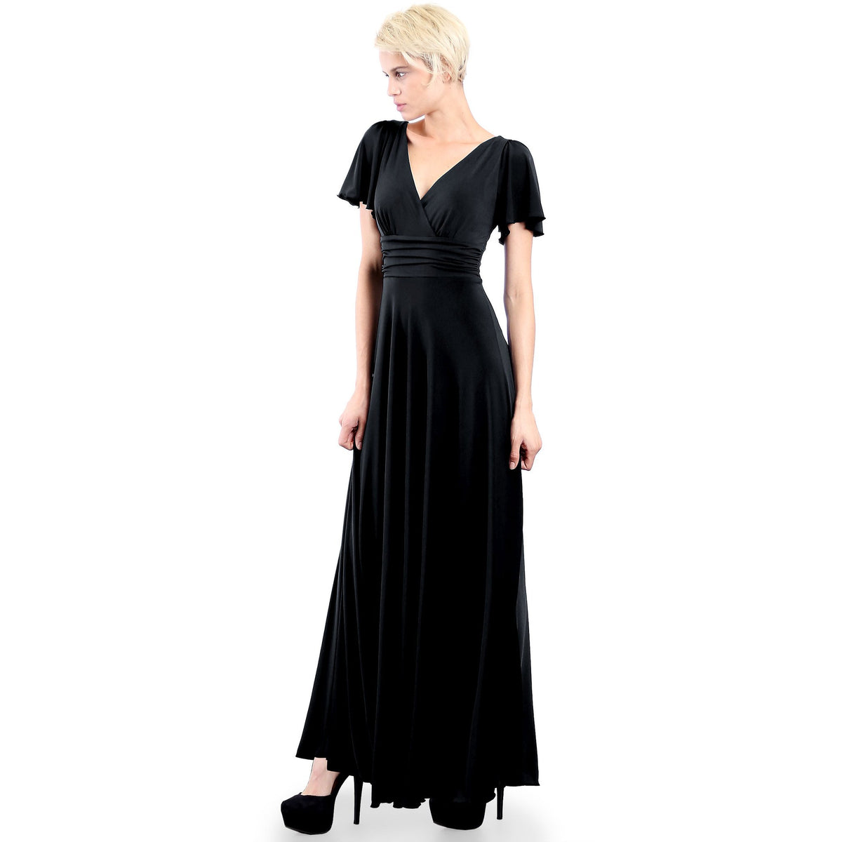 Evanese Women's Slip on Evening Party Formal Long Dress Gown with Short Sleeves - YuppyCollections