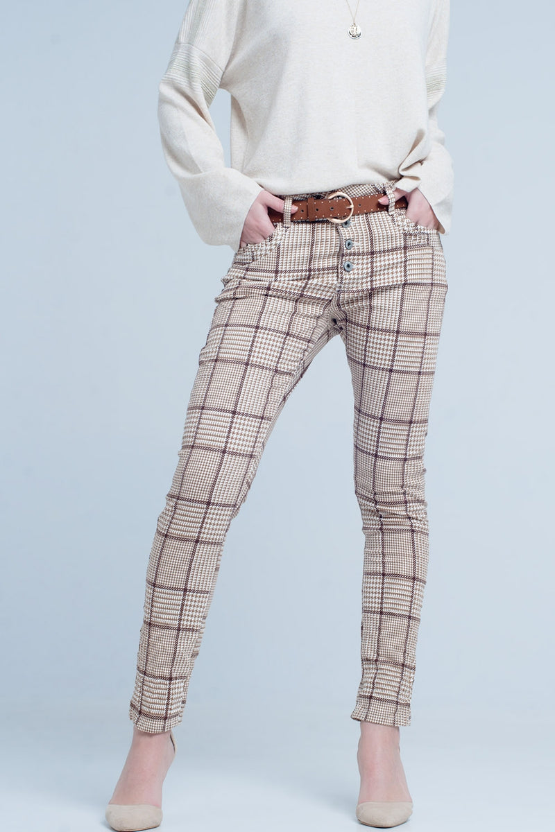 pants in beige check with button - YuppyCollections