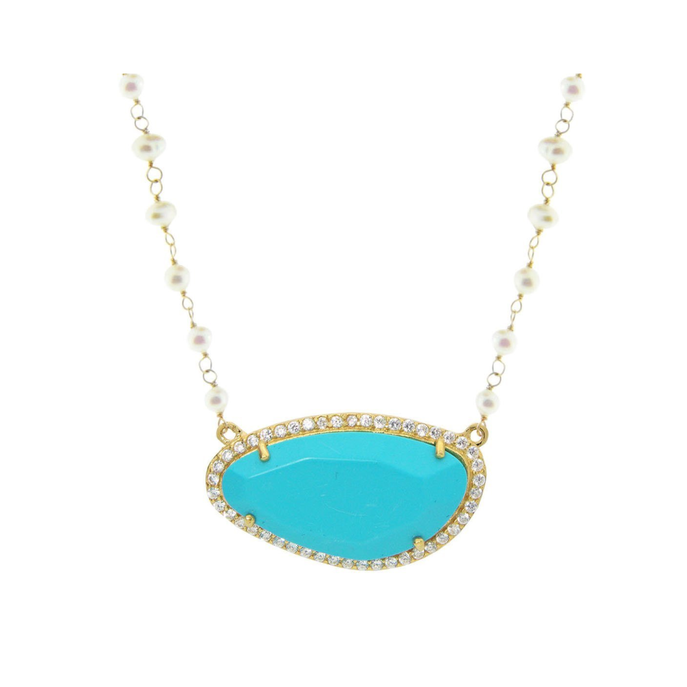 Turquoise Stone Slice & Mini Pearls Necklace in Sterling Silver - YuppyCollections