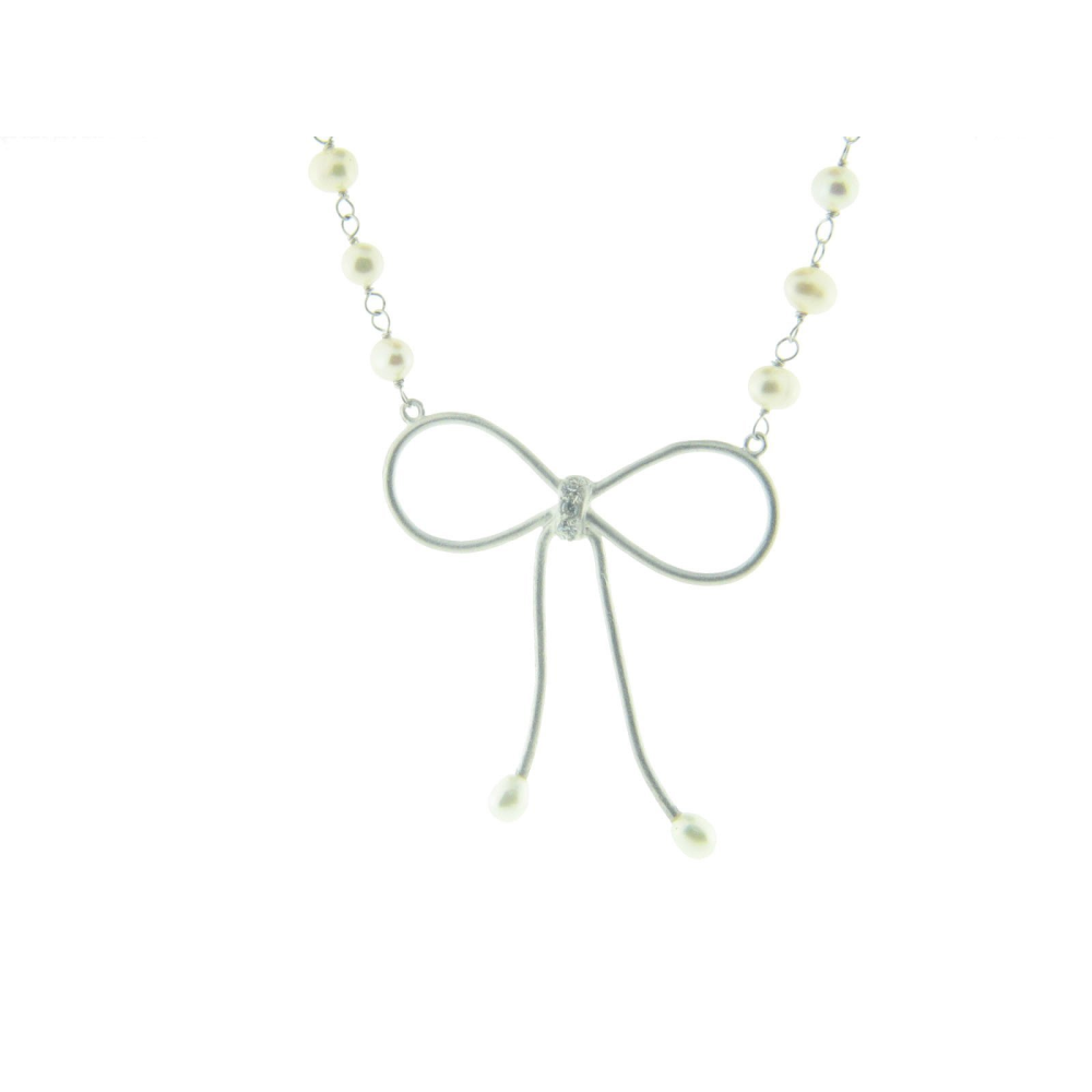 Bow Pendant Mini Pearl Necklace and Cz Sterling Silver - YuppyCollections