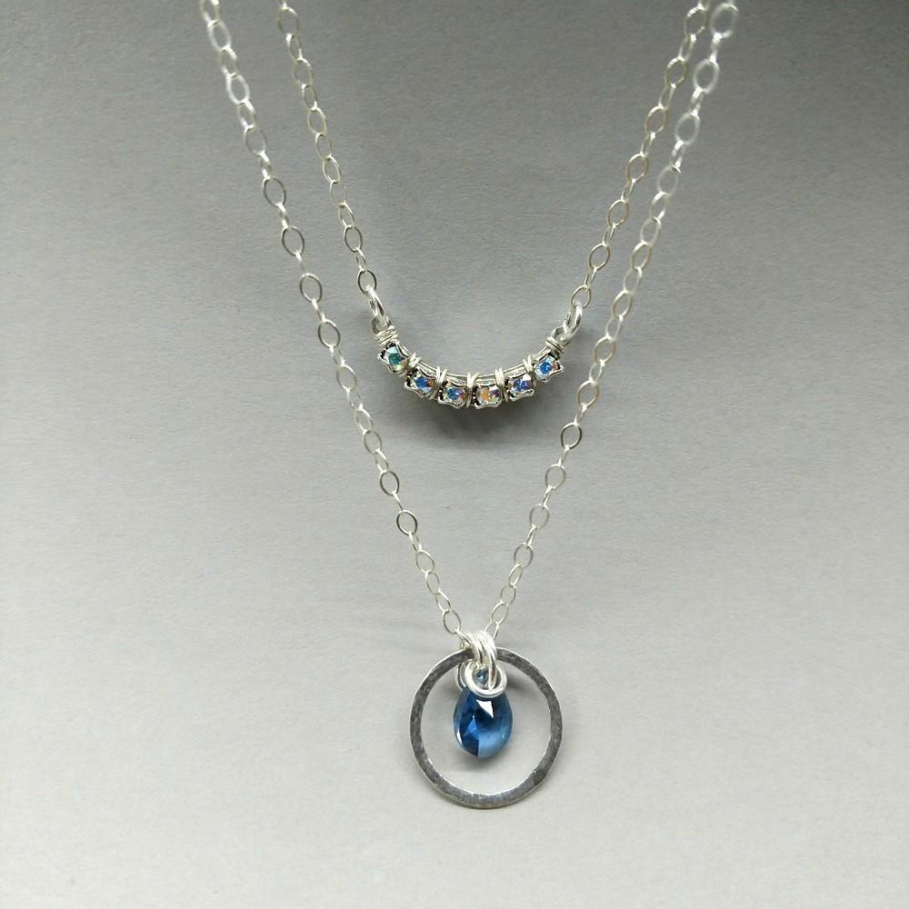 Silver Layered Blue Crystal Circle Crescent Necklace - YuppyCollections