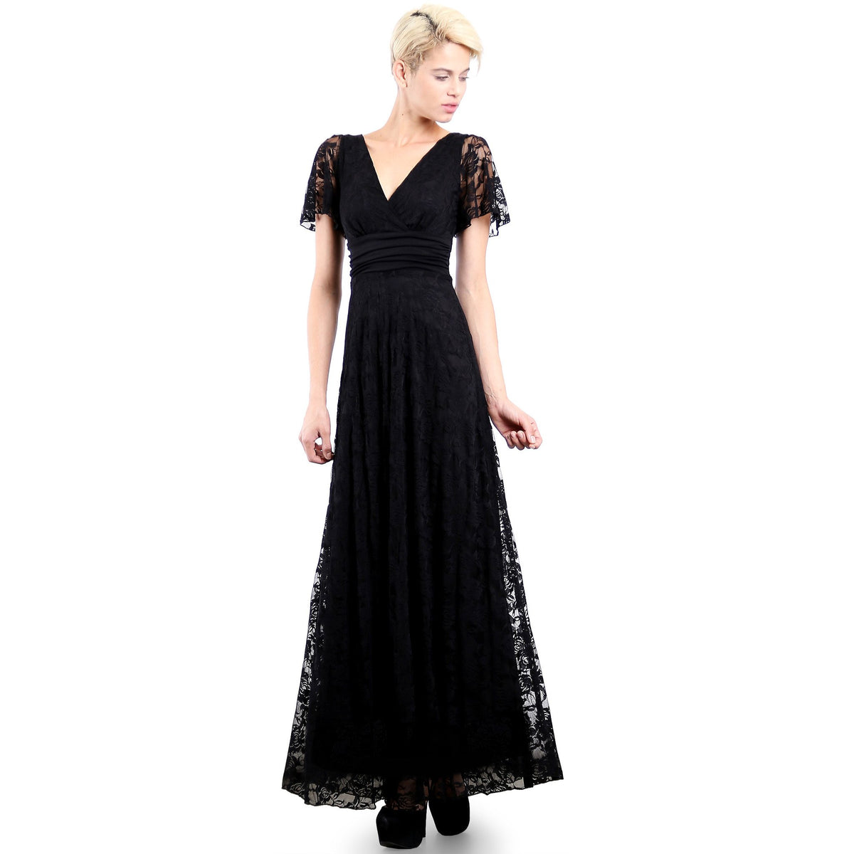 Evanese Women's Lace Evening Party Formal Long Dress Gown with Short Sleeves - YuppyCollections