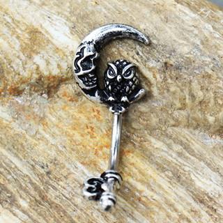 316L Stainless Steel Gothic Owl on the Moon Skeleton Key Navel Ring - YuppyCollections