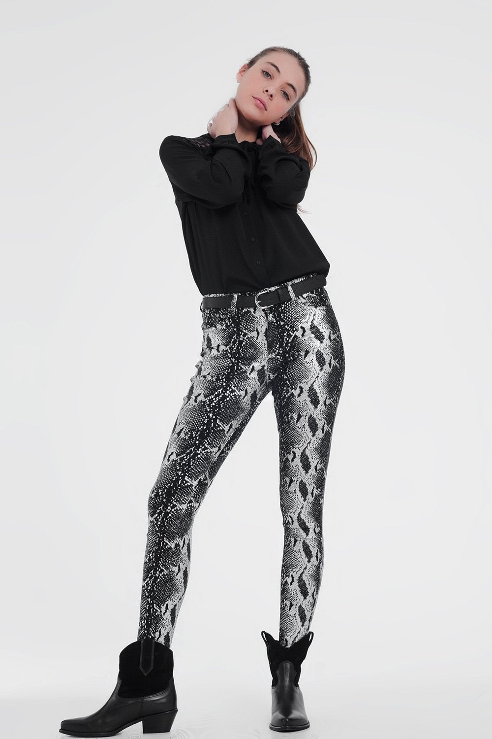 Black Skinny Shiny Printed Pants - YuppyCollections