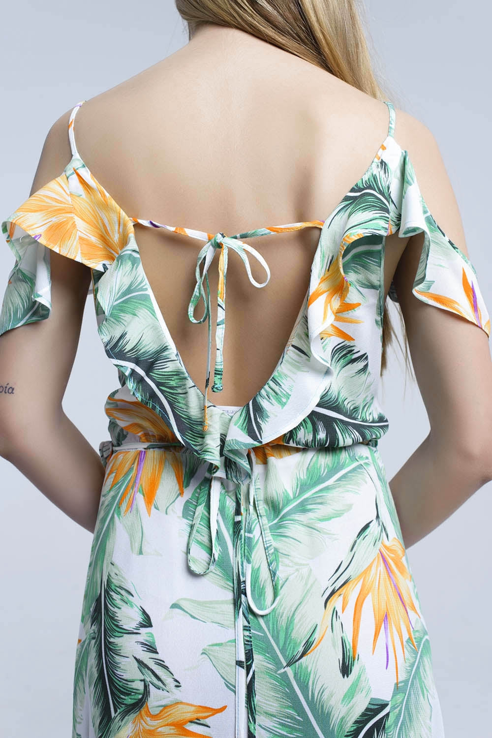 White midi dress in tropical leaves - YuppyCollections