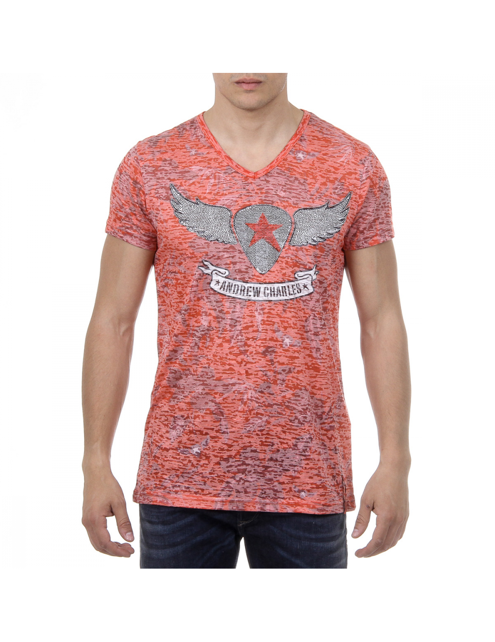 Andrew Charles Mens T-Shirt Short Sleeves V-Neck Red ISAAC - YuppyCollections