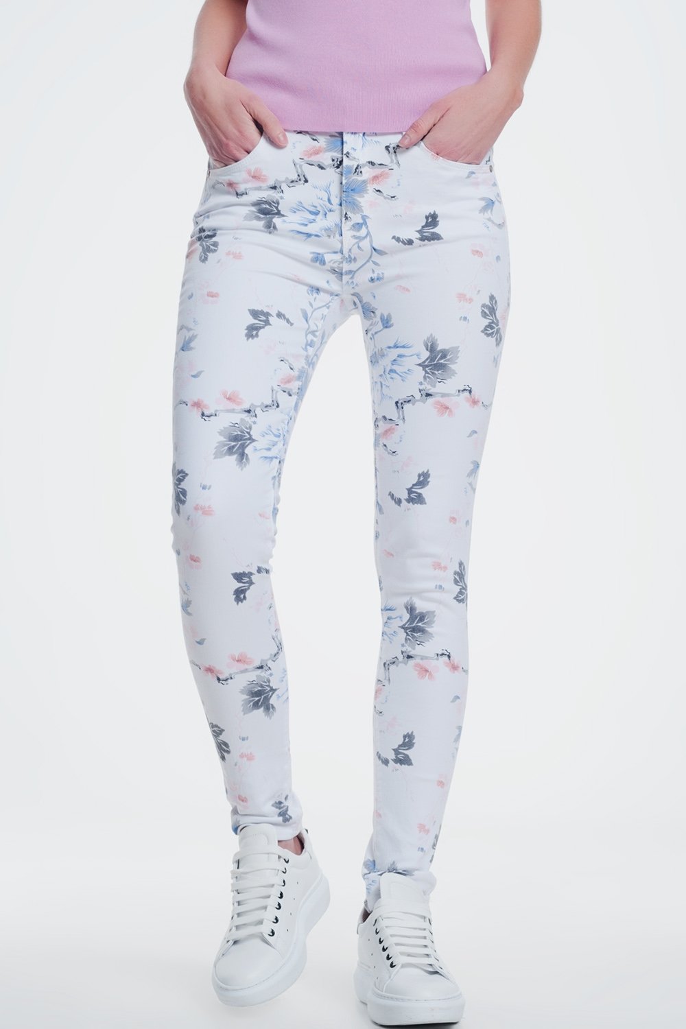 White Skinny Pants With Floral Print - YuppyCollections