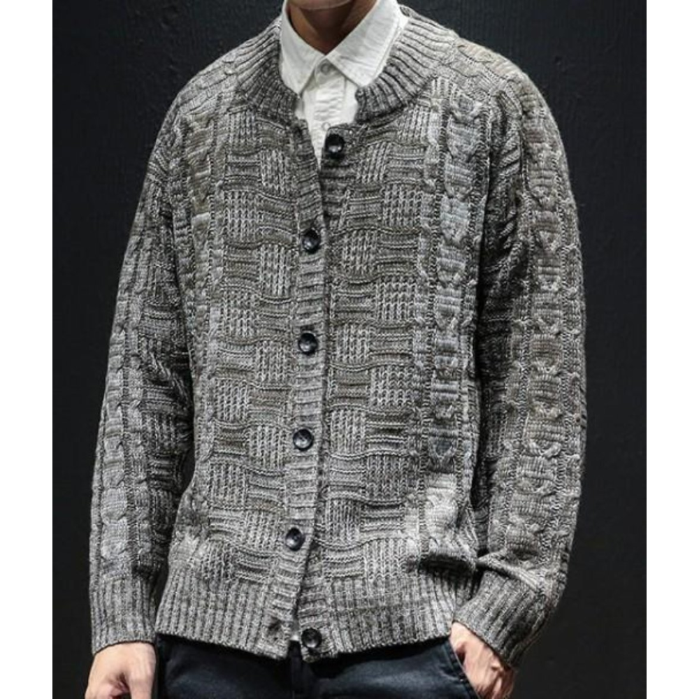 Mens Crew Neck Button Front Cardigan in Khaki - YuppyCollections