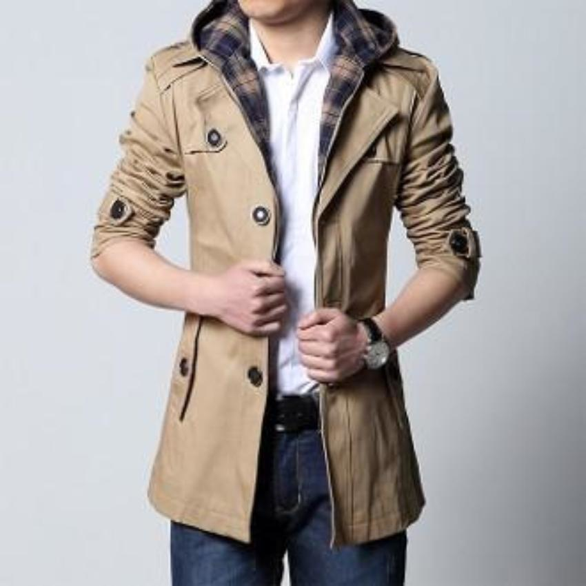 Mens Khaki Removable Hooded Trench Jacket - YuppyCollections