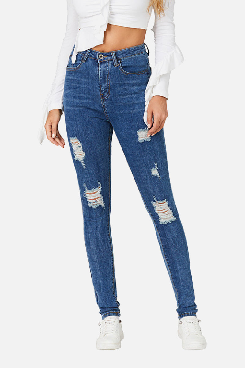 Distressed High Rise Slim Fit Jeans - YuppyCollections