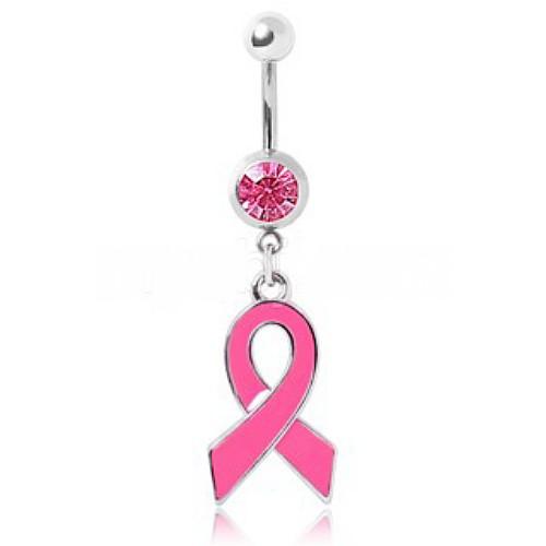 316L Gemmed Navel Ring with Enameled Pink Awareness Ribbon Dangle - YuppyCollections