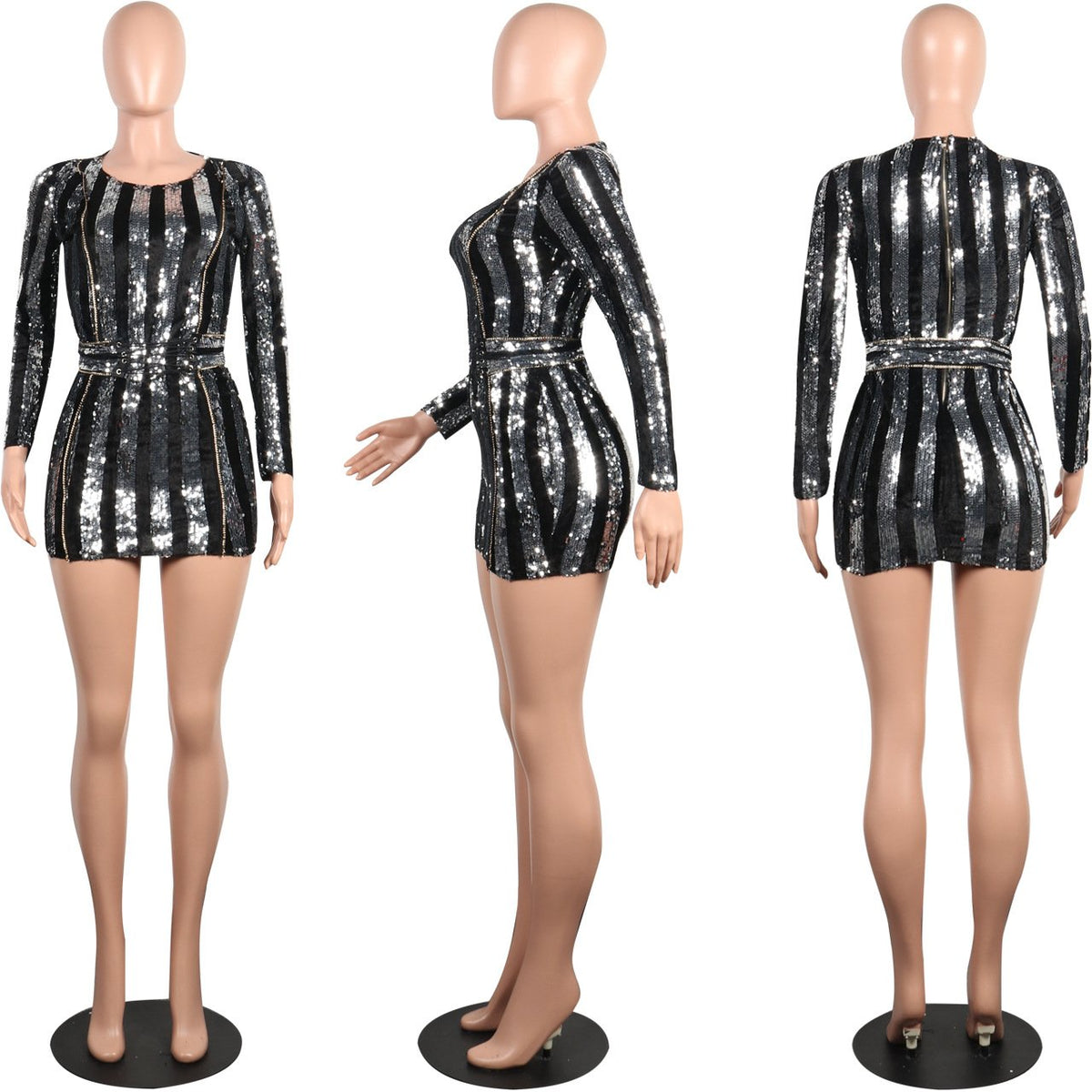 Long Sleeve Mini Sequin Dress Women Striped Bodycon Autumn Winter Dresses - YuppyCollections