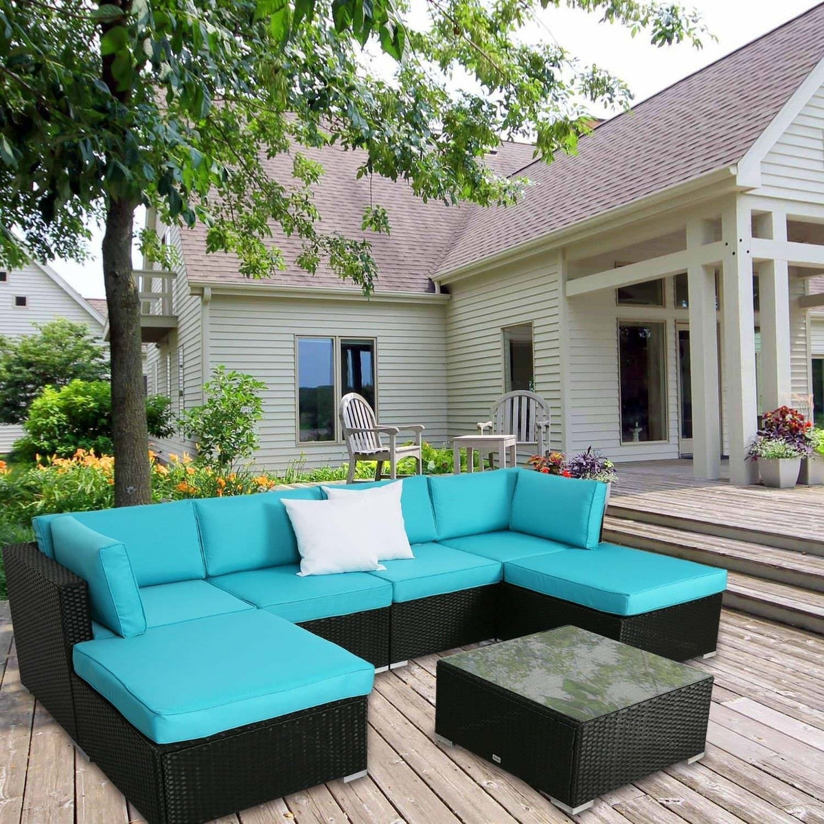 Kinbor 7 PCs Outdoor Cushioned Rattan Wicker Sofa All-Weather Patio Sectional Sofa Set - YuppyCollections