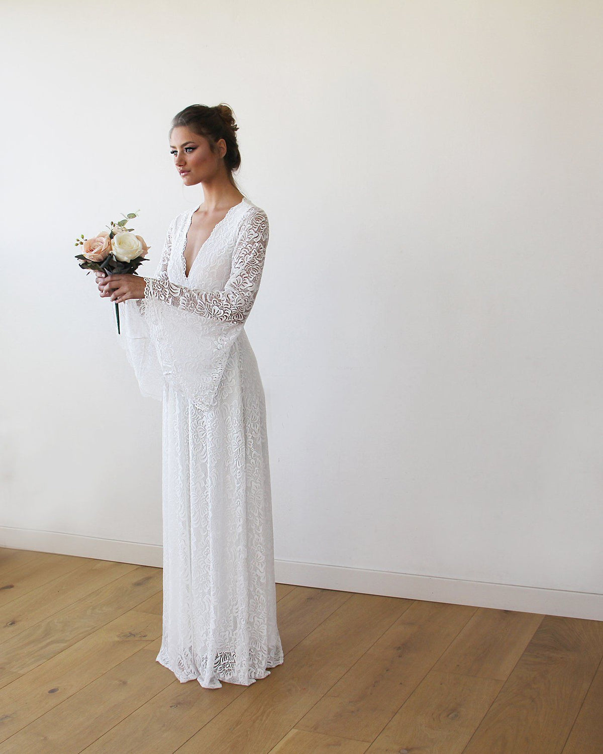 Full Lace Bell Sleeves Wedding maxi dress in Ivory 1167 - YuppyCollections