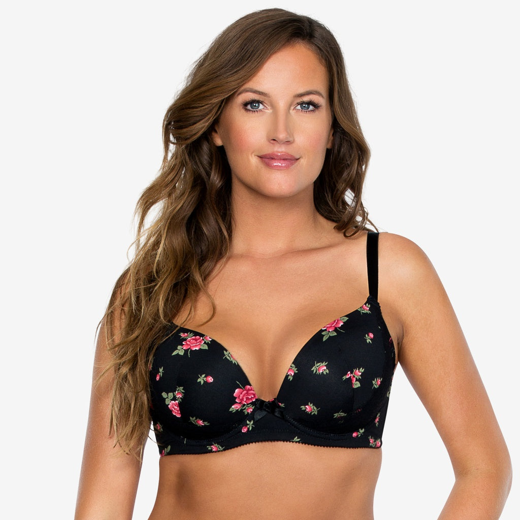 Parfait Casey Plunge Molded Bra in Black w Rose Print - YuppyCollections