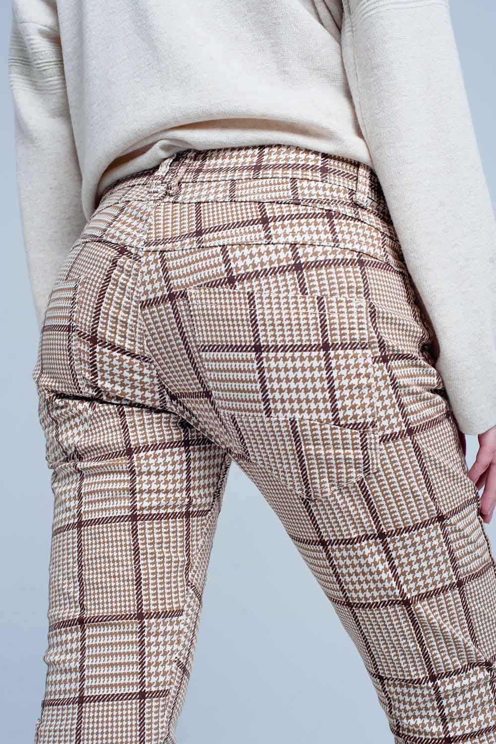 pants in beige check with button - YuppyCollections