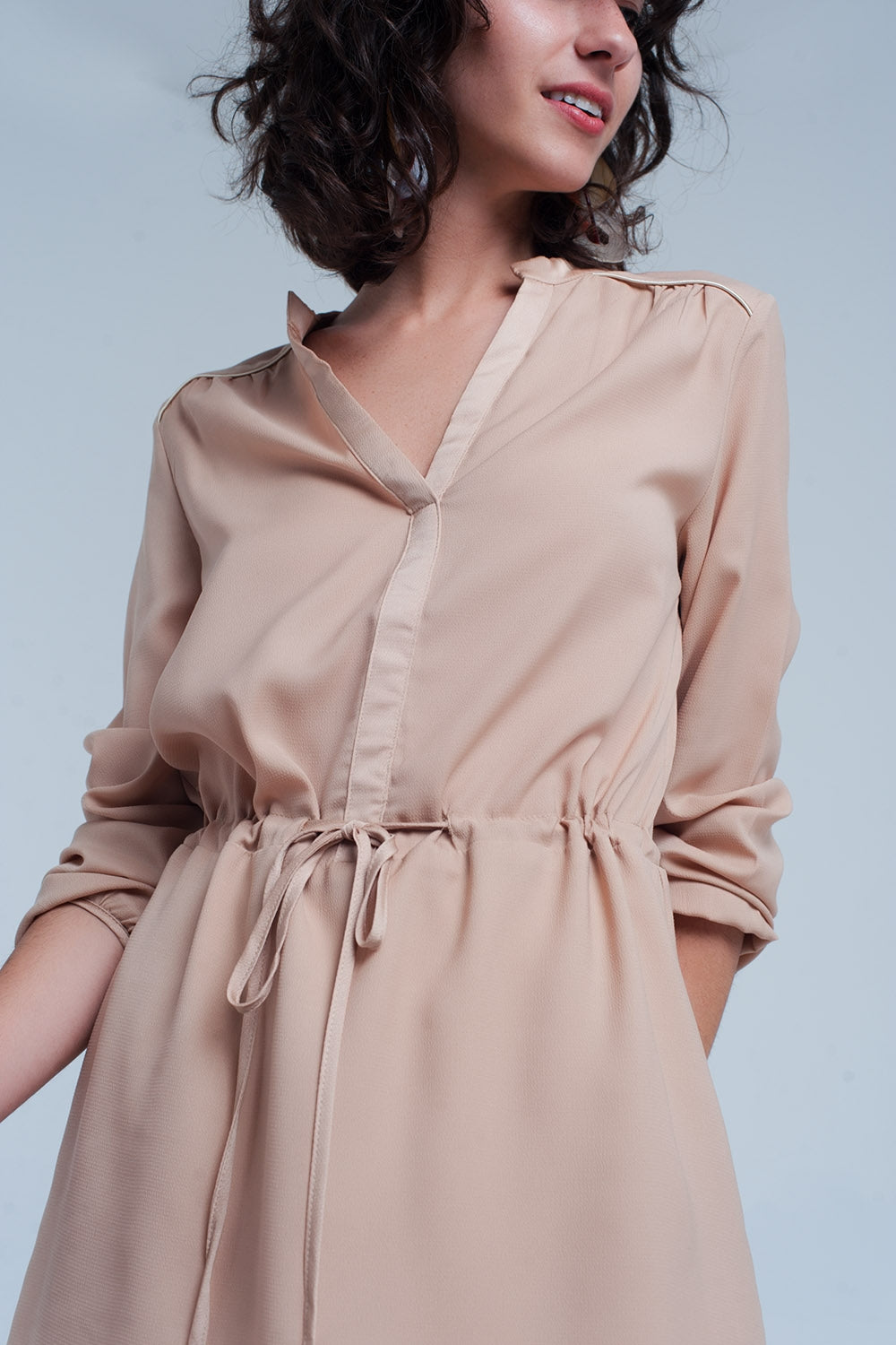 Beige tie waist shirt mini dress - YuppyCollections