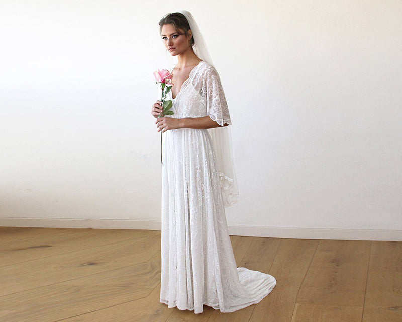 Floral Lace Ivory Sheer Maxi Dress With Train 1165 - YuppyCollections